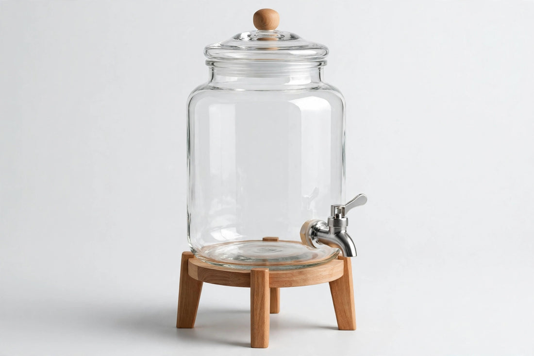 Glass Drink Jar with Wooden Stand and Tap Beverage Dispenser for Home