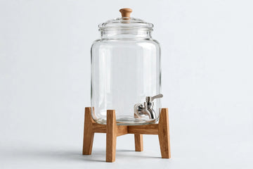 Glass Drink Jar with Wooden Stand and Tap Beverage Dispenser for Home